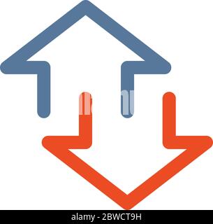 Simple linear up and down arrows. Upward, downward arrows in blue and red. Stock vector illustration isolated on white background. Stock Vector