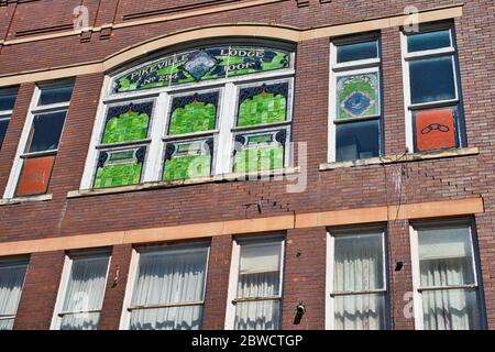Odd Fellows Building stained glass window Stock Photo