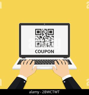 Man hands using laptop with coupon QR code on screen. Vector illustration. Stock Vector