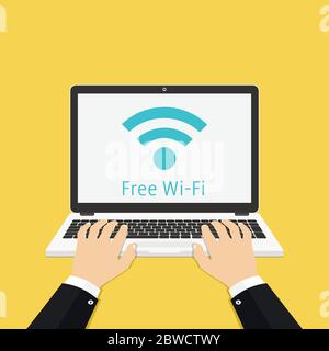 Laptop with free wi-fi sign on screen. Hands on the laptop. Vector Illustration. Stock Vector