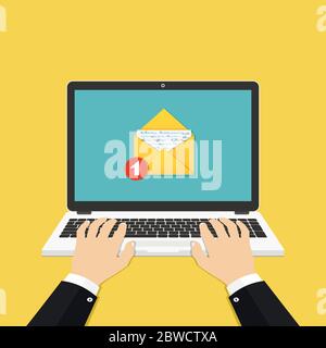 Email notification. Man hands using laptop with new email icon on screen. Flat design illustration Stock Vector