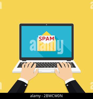 Spam email on laptop screen. Hands on the laptop. Vector Illustration Stock Vector