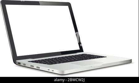 Realistic laptop isolated on white background. Computer notebook with empty screen Stock Vector