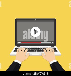 Watch online video. Hands on the laptop. Vector Illustration. Stock Vector