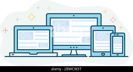 Responsive web design icons. Landing page is open on different devices: laptop, computer, tablet, smartphone Stock Vector