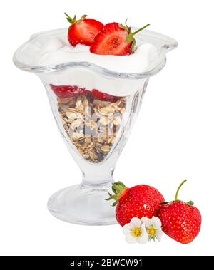 bowl of oat granola with yogurt, fresh strawberry and nuts isolated on white background with clipping path Stock Photo