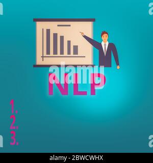 Conceptual hand writing showing Nlp. Concept meaning psychological approach involves analyzing strategies to reach a goal Man in Business Suit Pointin Stock Photo