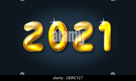 Happy new year 2021. Festive golden metal numbers. Realistic convex sign. Holiday poster or banner design. Vector illustration Stock Vector