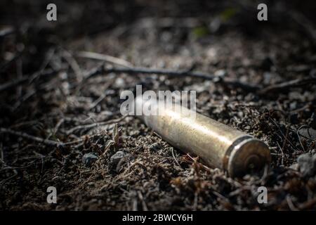 Used rifle shell left on the ground. Stock Photo