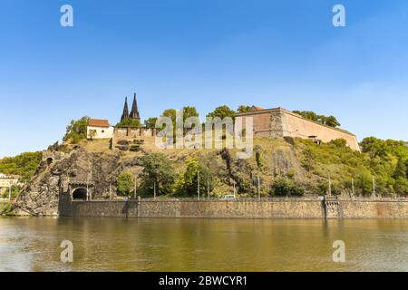 PRAGUE, CZECH REPUBLIC - JULY 2018: Wide angle view of the ruins of Libuse's Bath, a landmark in Prague, viewed from a cruise boat on the River Vltava Stock Photo