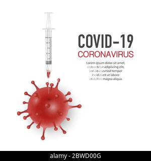 Vector Banner or Placard with 3d Realistic Red Coronavirus Bacteria, Cell and Syringe Isolated on White Background. 2019-nCoV, Covid-2019, Covid-19 Stock Vector