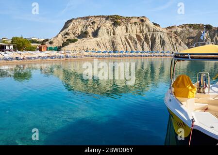 Beautiful Kolymbia bay with rocks reflected in water in Rhodes island. Greece Stock Photo