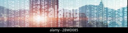 Binary computer code virtual city skyline. Matrix Mixed Media Background. Stock Photo