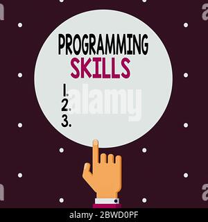 Word writing text Programming Skills. Business photo showcasing expertise required to program according to constraints Male Hu analysis Hand Pointing Stock Photo