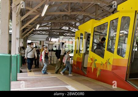 Hachioji, Japan. 31st May, 2020. People wear face masks as they ride the cable car for hiking on Mt.Takao at the Kiyotaki station in Hachioji, Tokyo, Japan on Sunday, May 31, 2020. Mt. Takao won its fame as a destination like the Ginza and Roppongi areas, after being awarded three stars by the French travel guidebook Michellin in the 2007 edition. Photo by Keizo Mori/UPI Credit: UPI/Alamy Live News Stock Photo