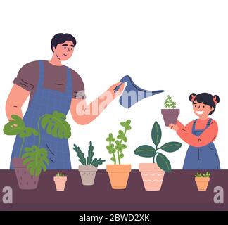 Father and daughter water the houseplants together Stock Vector