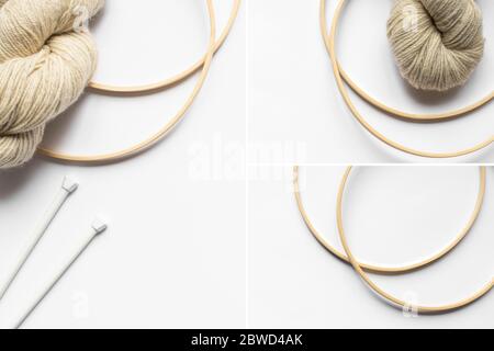collage of beige yarn and knitting needles and looms on white background Stock Photo