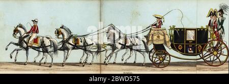 Carriage of Eugène François Charles Joseph Lamoral de Ligne d'Amblise et d'Epinoy, Prince of Ligne, representing Leopold I, King of Belgium, in Queen Victoria’s coronation parade. Handcoloured aquatint engraving from Fores' Correct Representation of the State Procession on the Occasion of the August Ceremony of Her Majesty's Coronation, June 28th 1838, published by Fores, Sporting and Fine Print Repository, Piccadilly, London, 1838. Stock Photo