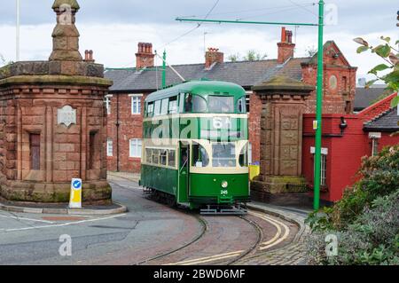 Birkenhead, UK: Oct 1, 2017: A tram carries passengers on the Heritage Tramway to the Woodside Ferry Terminal on the open day of Wirral Transport Muse Stock Photo