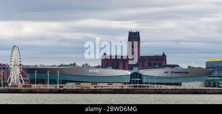 Liverpool, UK: Oct 1, 2017: A general scenic view of the Echo Arena and BT Convention Centre buildings on the Liverpool Waterfont, with the Liverpool Stock Photo