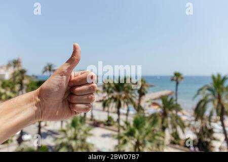 Cropped view of man showing like gesture with palm trees and sea coast at background in Catalonia, Spain Stock Photo