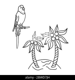 Colorful wavy parrot and island with palm trees. Black and white vector illustration in cartoon style. Circuit Stock Vector
