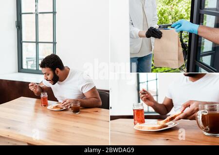 collage of african american man eating tasty jam near toast bread and taking paper bag while delivery man holding paper bag Stock Photo