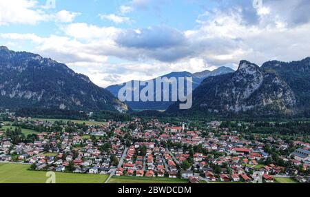 Aerial view over the city of Oberammergau in Bavaria Germany Stock Photo