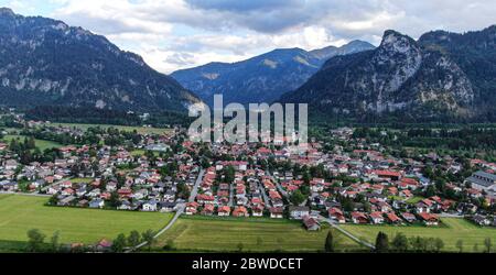 Aerial view over the city of Oberammergau in Bavaria Germany Stock Photo