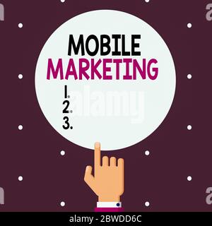 Word writing text Mobile Marketing. Business photo showcasing advertising that promotes products via adaptable devices Male Hu analysis Hand Pointing Stock Photo