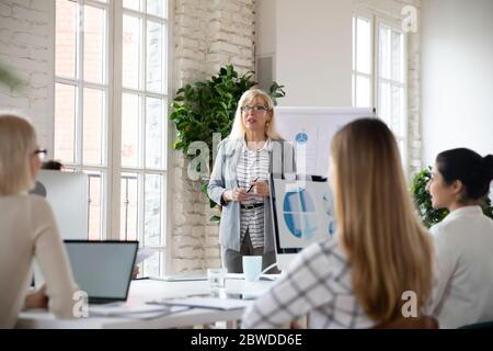 Middle aged skilled female team leader presenting company growth strategy. Stock Photo