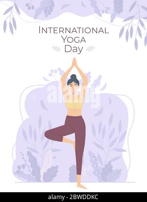 International Yoga Day poster. Girl in tree pose on abstract flower and leaf background. Can be used for web, social network. Health, pilates, sport Stock Vector