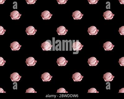delicious pink strawberry ice cream isolated on black, seamless pattern Stock Photo