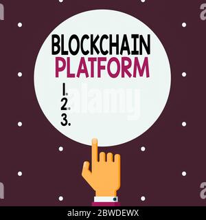Word writing text Blockchain Platform. Business photo showcasing thing with a scripting language that solves many cases Male Hu analysis Hand Pointing Stock Photo