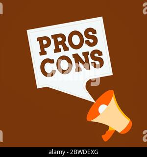 Conceptual hand writing showing Pros Cons. Concept meaning advantages and disadvantages observed while examining a product Megaphone and Blank Square Stock Photo