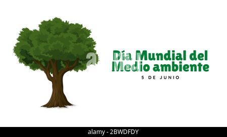 Poster, banner or illustration related to environment. Illustration for world day with text in spanish. Tree with text in spanish for june 5. White ba Stock Photo