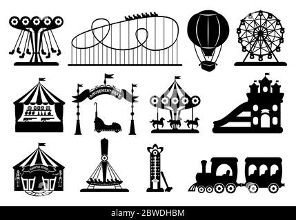Amusement park black glyph set. Carousel silhouette cartoon style. Fairground, rollercoaster, carousel horse, air balloon, ferris wheel kid fun time. Circus marquee summer leisure. Vector illustration Stock Vector
