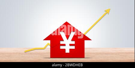 Red arrow writing RMB symbol on wooden board, financial concept illustration. Stock Photo