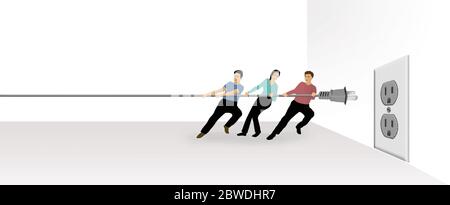 Teamwork is the theme of this illustration of three people pulling on an electric cord as they attempt to plug it into an outlet. Stock Vector