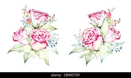 Watercolor hand painted rose bouquet. Floral with greenery, for wedding, poster, greeting card, invitation card. illustration isolated on white backgr Stock Photo