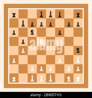 Playing Chess Game With Brown Chess Board. Chess Figures King, Queen, Bishop, Knight, Rook, Pawn. Chess Board Illustration. Stock Vector