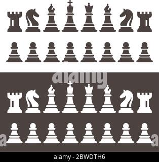 Chess Figures Pieces in Flat Style Vector Illustration. Black Chess Icons Set. Chess Black And White Figures King, Queen, Bishop, Knight, Rook, Pawn. Stock Vector
