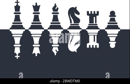 Chess Pieces Set of Icons in Black And White Vector Illustration. Six Objects Including King, Queen, Bishop, Knight, Rook, Pawn. Chess Icons Set. Stock Vector