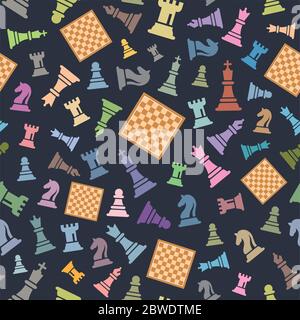 Seamless Chess Vector Pattern on Dark Blue. Colorful Chess Figures Vector Illustration. Figurine Including King, Queen, Bishop, Knight, Rook, Pawn. Stock Vector