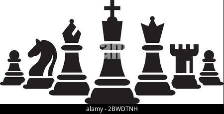 Chess Figures Pieces Team Vector Illustration. Silhouettes of Chess Pieces. Figurine of King, Queen, Bishop, Knight, Rook, Pawn. Stock Vector