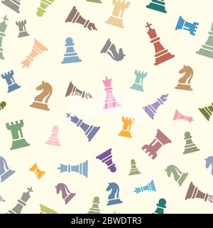Seamless Chess vector pattern on Light Background. Colorful Chess Figures Vector Illustration. Figurine Including King, Queen, Bishop, Knight, Rook, P Stock Vector