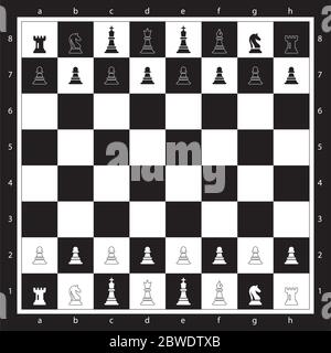 Black and White Chess Board With Chess Figurine Algebraic Notation. Chess Game Vector illustration. Chess Figures King, Queen, Bishop, Knight, Rook, P Stock Vector