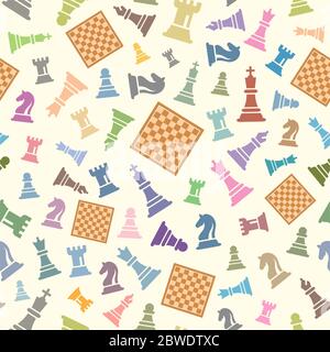 Seamless Chess vector pattern on Light Background. Colorful Chess Figures Vector Illustration. Figurine Including King, Queen, Bishop, Knight, Rook, P Stock Vector