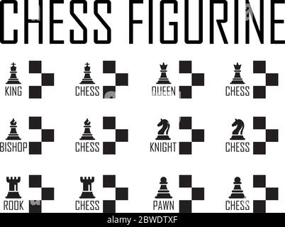 Chess Logo Concept Collection with Checkerboard. Chess Vector Illustration. Black Chess Icons Set. Six Objects Including King, Queen, Bishop, Knight, Stock Vector