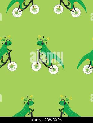 Dinosaur on a bicycle. Music in the headphones. Green seamless pattern. Design for clothes, gift wrapping, postcards. Stock Vector